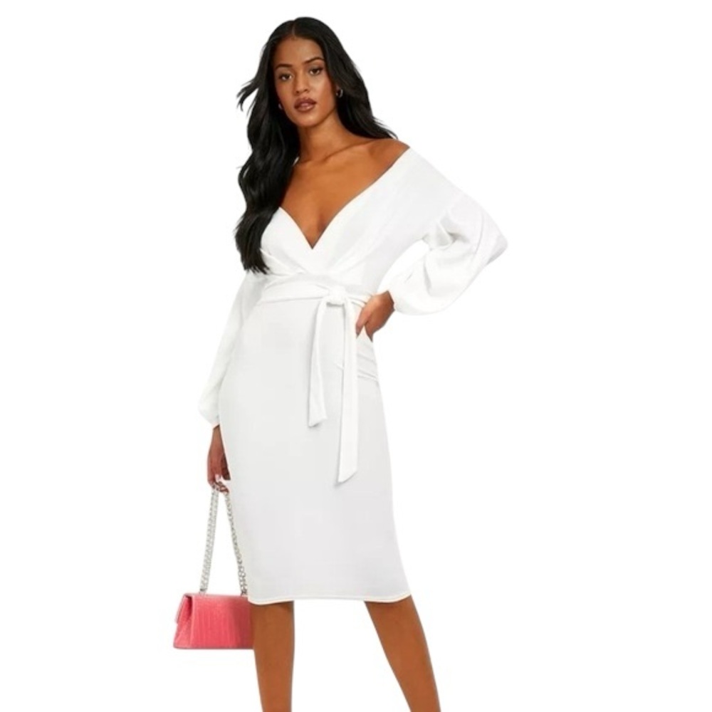 Boohoo Textured White Midi Dress with Front Tie Size 8
